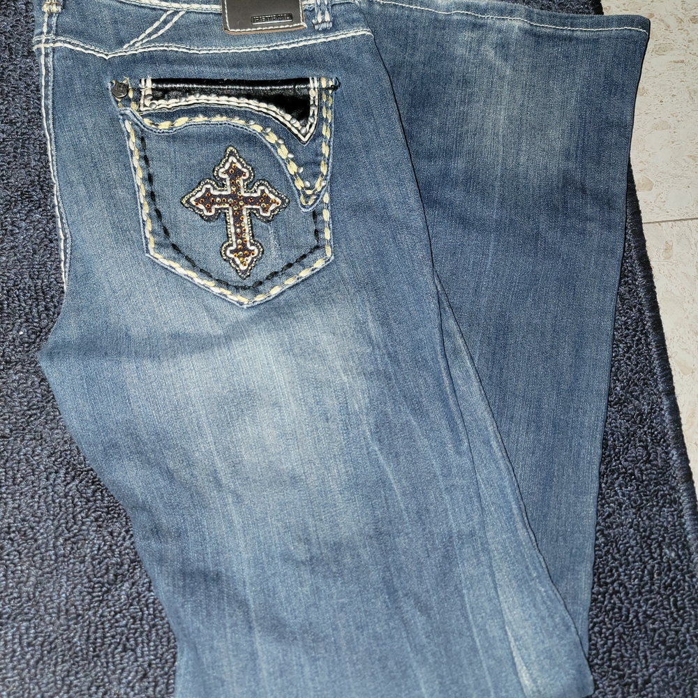 Women's Blue Boot Cut Jeans with Cross Embroidery